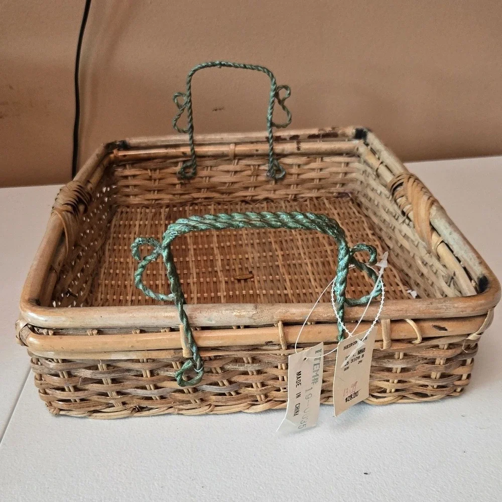 Vintage Heironimus Wicker Rattan Serving Basket Tray Green Metal Handles 16
